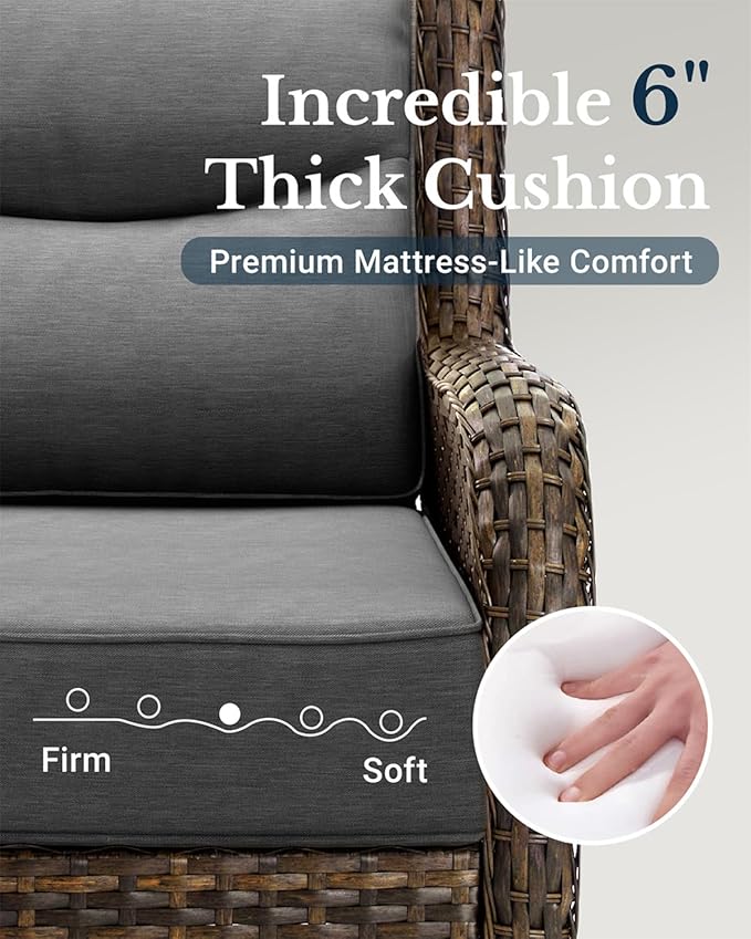 HILLGA Luxury High Back Patio Furniture Set with 6-Inch Thick Cushion, 7-Piece Outdoor Conversation Set with Sofa, Swivel Rocker Chairs & Ottomans, Ideal for Porch Pool Deck Yard (Dark Grey)