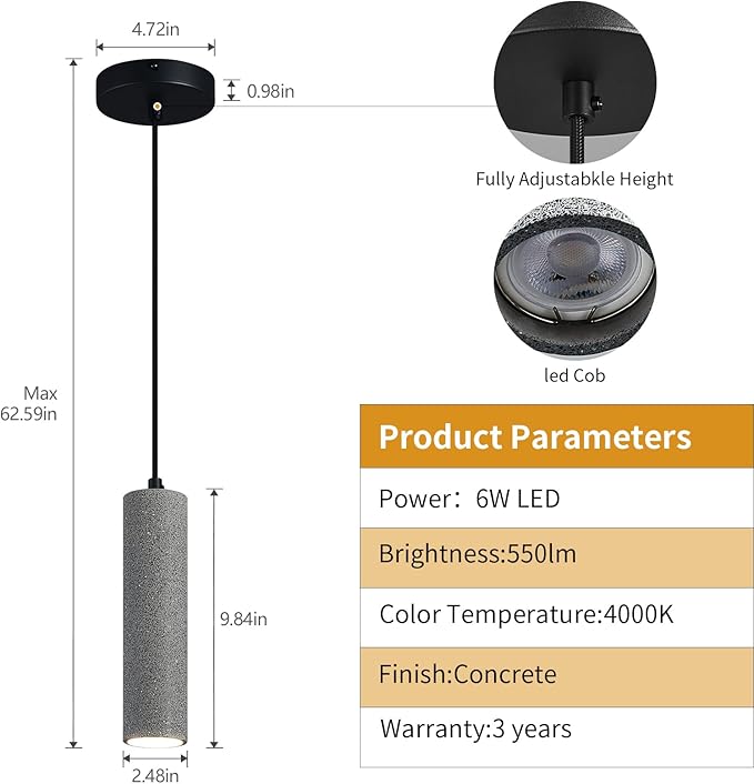 Modern Black LED Concrete Pendant Light Kitchen Islandceiling Light Fixture Pendant Lighting for Dining Room Coffee Club Resturant Bar Living Room(3-Pack)