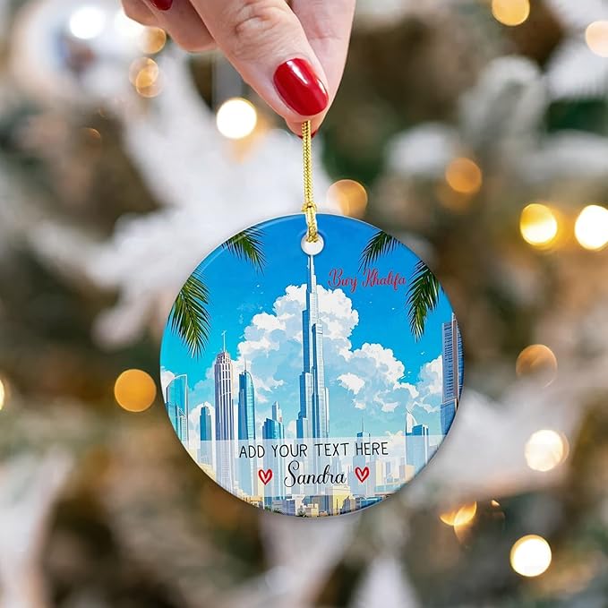 Burj Khalifa Ceramic Christmas Ornament Custom Text/Name, Personalized Burj Khalifa Tower Ornament Xmas Keepsake, Dubai Skyline Christmas Tree Hanging Ornaments, Dubai City in UAE Xmas Ornaments
