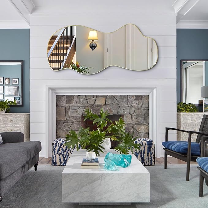 POZINO Irregular Wall Mirror, Gold Asymmetrical Mirrors Decorative, 47.2"x21.6" Large Wavy Shaped Mirror, Modern Frameless Wall Mirrors for Living Room Bathroom Bedroom Hallway Entryway Fireplace
