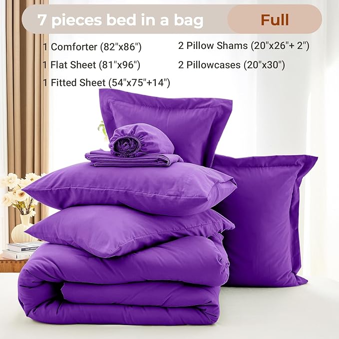 MUXHOMO 7 Pieces Full Comforter Set, Soft Bed in a Bag Full Size, All Season Bedding Set with Comforter, Flat Sheet, Fitted Sheet, Pillowcases & Shams, Purple