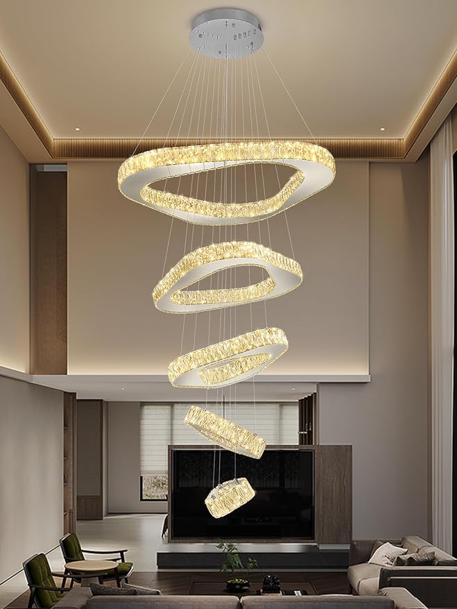 Large Modern Chandelier 5 Ring Chandeliers for High Ceiling Dimmable Chrom Chandeliers High Ceiling Foyer Chandelier for Living Room Dining Room Staircase
