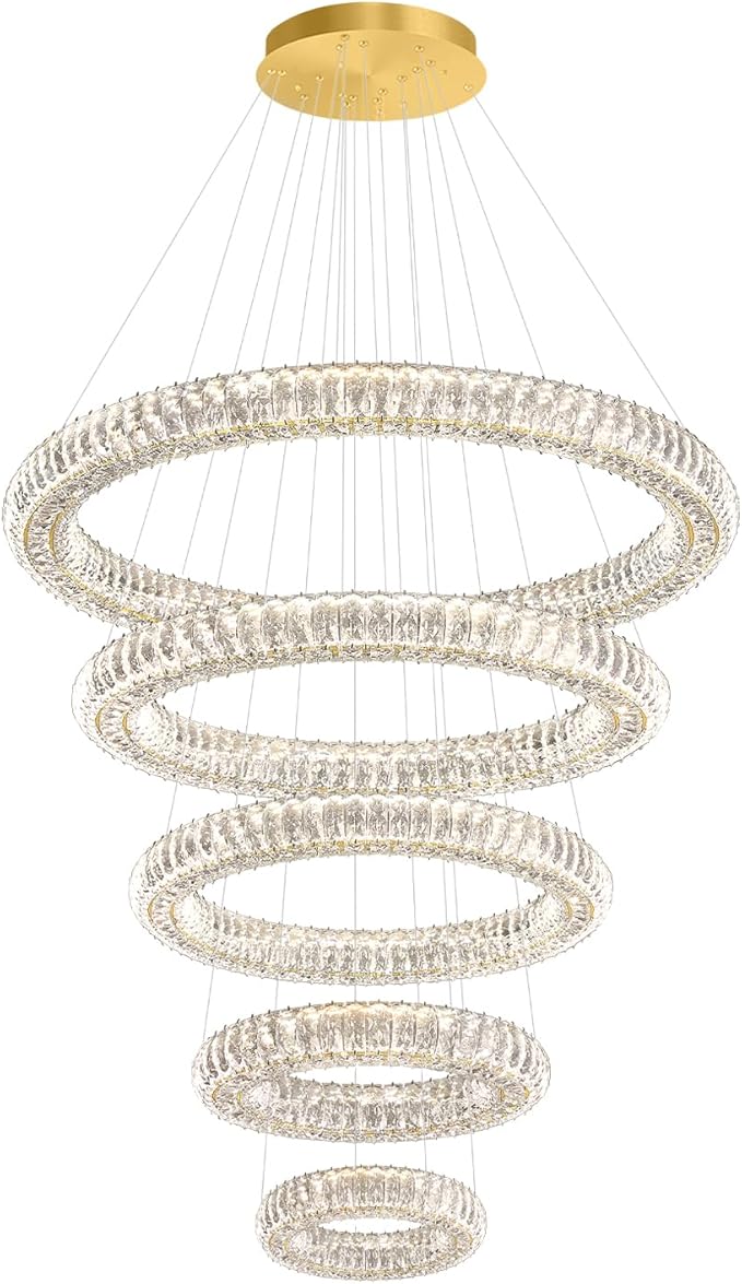 Gold 5 Ring Chandelier Modern Crystal Chandelier Lighting for Staircase, LED Foyer Ceiling Lights Fixtures High Ceiling Chandeliers, D8''+15.7"+23.6"+31.5"+39.4"