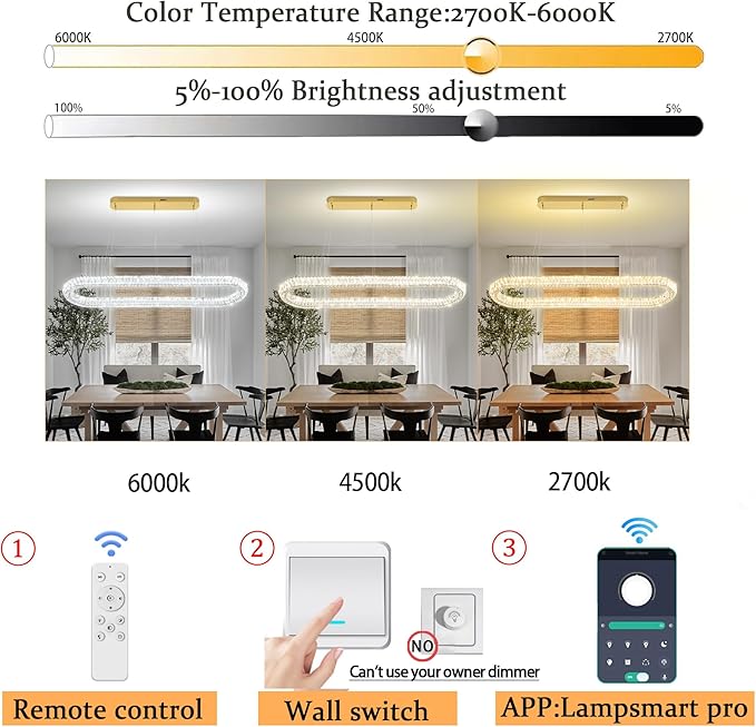 Oval Crystal Chandelier, 55'' Gold Crystal Ring Pendant Light for Kitchen Island Modern Linear Oval Chandeliers for Dining Room Dimmable 3000K-6000K