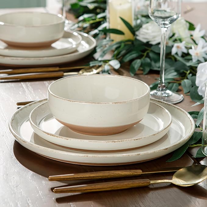 AmorArc Ceramic Dinnerware Sets for 4, 12 Pieces Handpainted Plates and Bowls Set with Rustic Terracotta Underside, Scratch Resistant Stoneware Dishes Set, Dishwasher & Microwave Safe, Beige