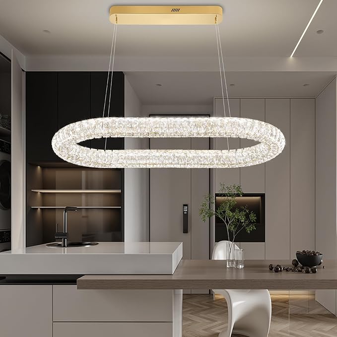 Oval Crystal Chandelier, 40'' Gold Crystal Ring Pendant Light for Kitchen Island Modern Linear Oval Chandeliers for Dining Room Dimmable 3000K-6000K