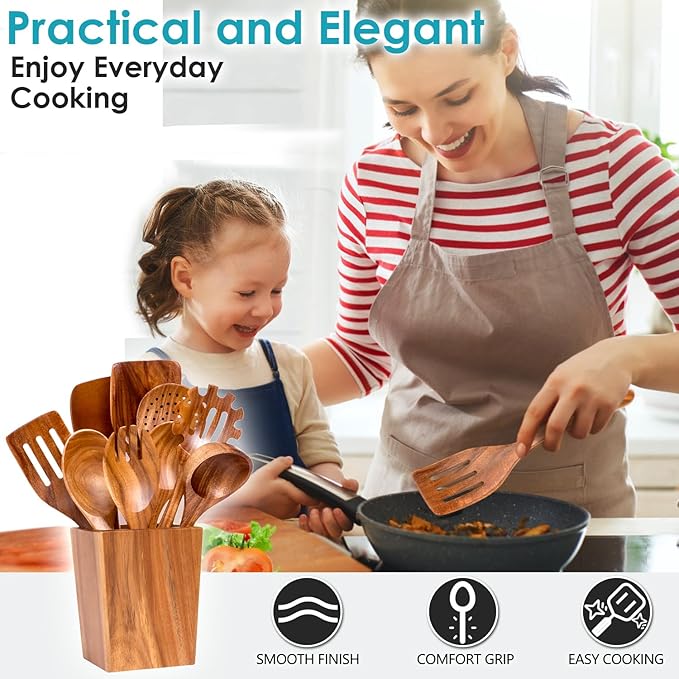 Wooden Cooking Utensils Set for Kitchen – 11-Piece Acacia Wood Spoons and Spatulas with Holder and Spoon Rest, Durable Wooden Spoons for Cooking, Nonstick Cookware Safe by Howhong