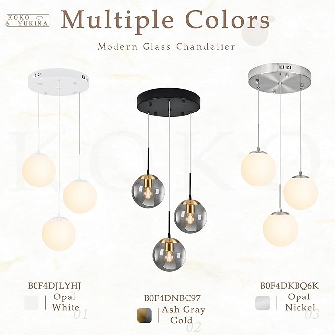 KoKo&Yukina Gold 3-Light Globe Pendant Light Modern Globe Chandelier Light Fixture Hanging Lights Adjustable with Grey Glass Pendant Lights Kitchen Island