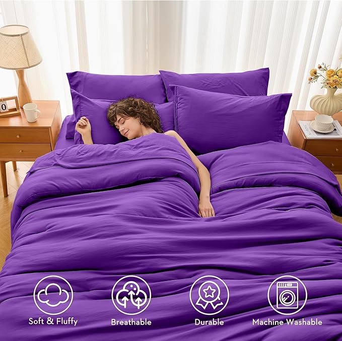 MUXHOMO 5 Pieces Twin Comforter Set, Soft Bed in a Bag Twin Size, All Season Bedding Set with Comforter, Flat Sheet, Fitted Sheet, Pillowcases & Shams, Purple