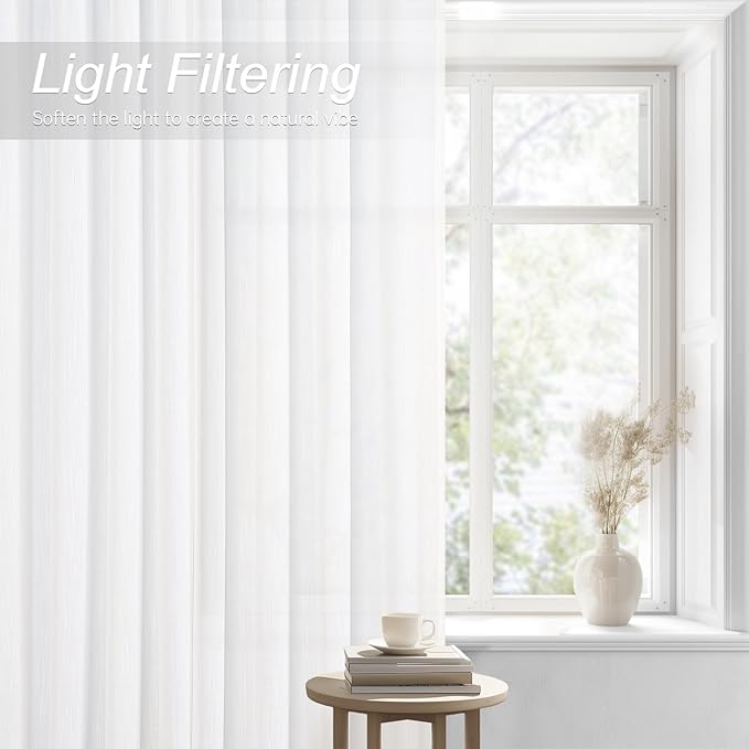 108 Inches Long Linen Sheer Curtains 2 Panels Set for Living Room Bedroom Off White Cotton Linen Blend Pleat Semi Sheer Drapes Ceiling Floor Extra Long Window Curtains 9 Ft