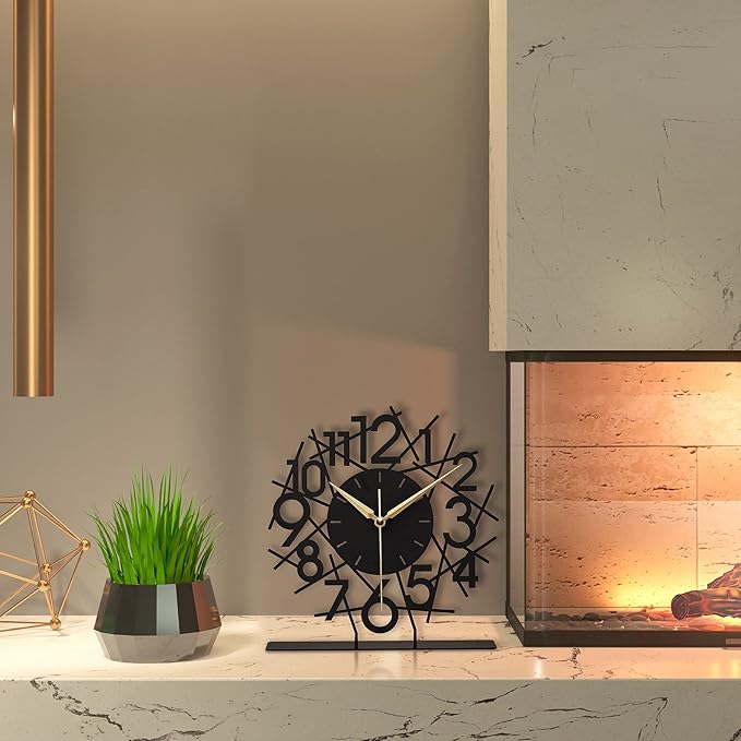 8.9x9.5 Metal Desk Clock, Black Silent Non-Ticking Analog Table Clock, Battery Operated, Decorative Desk and Shelf Clock, Desk Clocks for Living Room Bedroom Kitchen Office School