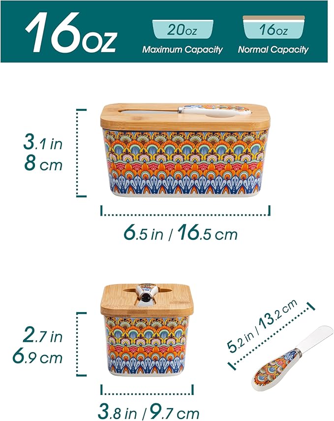 vancasso SIMI Butter Dish with Lid, 6.5" Large Butter Dish for Countertop, Bohemian Ceramic Butter Keeper Container with Knife and Bamboo Lid, Butter Holder for Counter, Regal Bloom