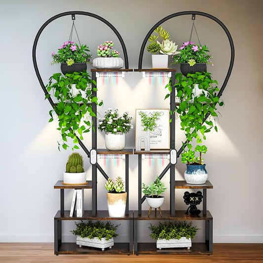 unho Plant Stand Indoor with Grow Lights, 3 Head Full-spectrum Plant Grow Lights，6 Tiered tiered plant plant shelf indoor Multiple, Half Heart Shape Plant Rack, Large Brown Plant Holder for Home Patio Balcony (2 Pack)