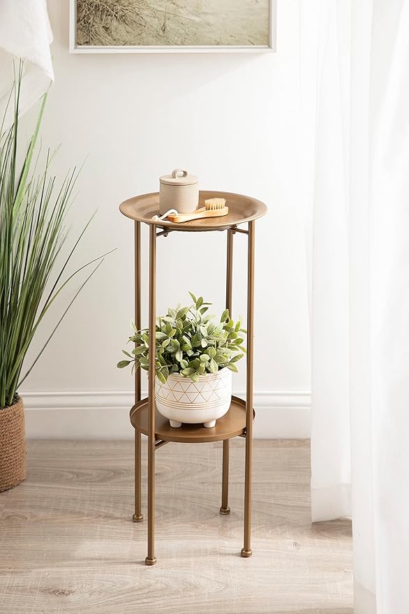 Kate and Laurel Mahdavi Modern Plant Stand Table; 12 x 12 x 27; Gold; Unique Accent Table with Textured Top