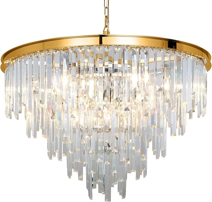 27'' Modern Crystal Chandelier, Gold Round Ceiling Light with Clear Prisms, Luxury Flush Mount Lighting Fixture for Dining Room Bedroom Foyer