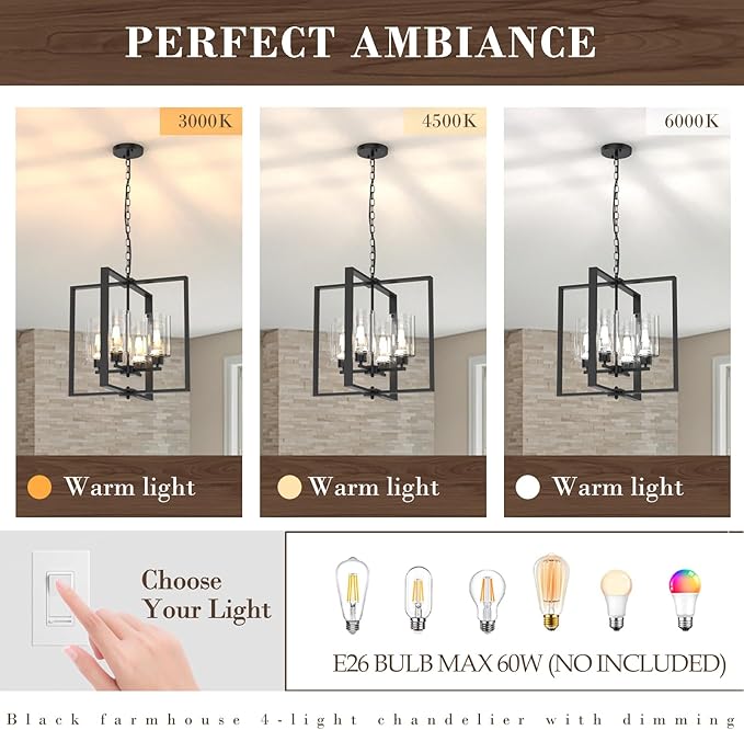 4-Light Farmhouse Chandelier Light Fixture, 18in Black Dining Room Chandeliers with Glass Shade Modern Lighting Fixtures Ceiling Pendant Lamp for Kitchen Island Entrance Foyer Living Room