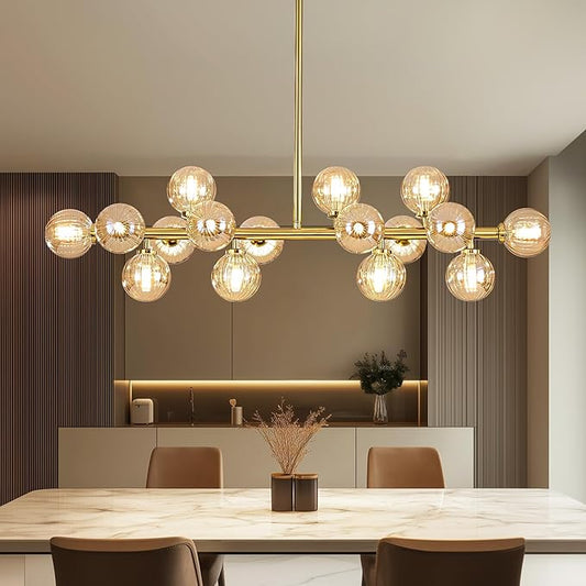 Glass Globe Sputnik Chandelier, 16-Light Mid Century Modern Light Fixture Over Table, Linear Chandeliers for Dining Room, Kitchen Island, Brass Gold and Amber Bubble, 40 Inch, GC-02