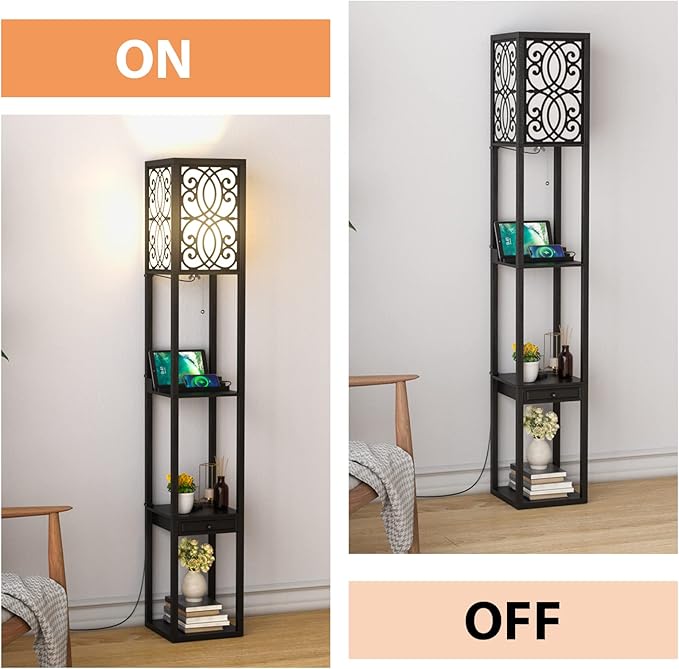 Tangkula floor lamp with Shelves and Drawer, Modern with 1 Power Outlet and 2 USB Ports, Standing for Living Room and Bedroom, Black (Carved)
