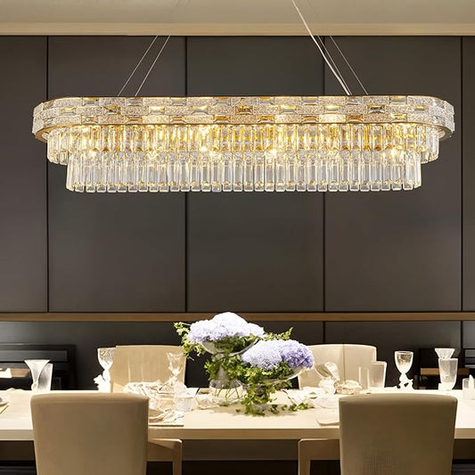 Crystal Chandeliers, 49.2" 18-Light Gold Chandelier for Dining Room, Rectangular Chandelier for Kitchen, Living Room Chandeliers, Island Lights Hanging Lights Dimmable