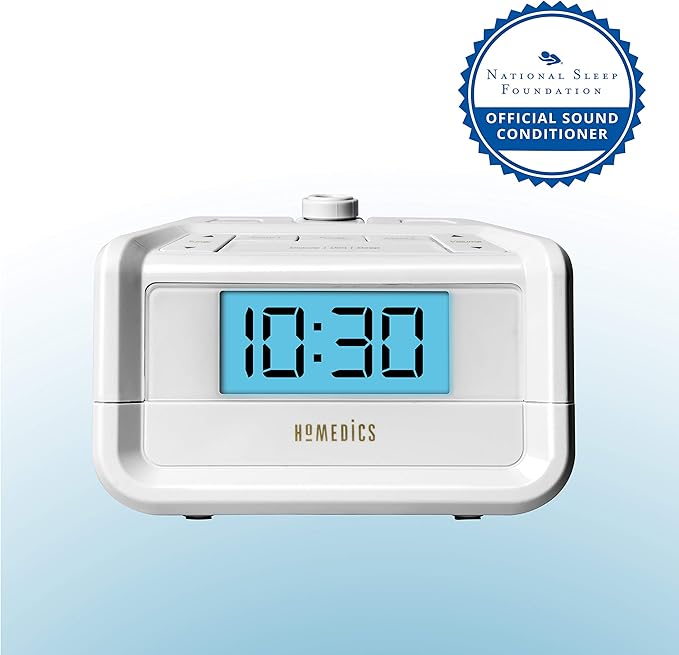 HoMedics Sound Machine and Alarm Clock with Time Projection. White Noise Sound Machine with a Digital FM Alarm Clock Radio, 8 Sounds, Snooze, Sleep Timer and Night Light