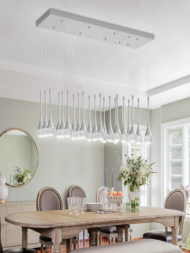 24-Lights Raindrop Chandeliers for Dining Room, Chrome Rectangular Pendant Lights Fixture,Teardrop Pendant Lights Kitchen Island, Adjustable Rectangular Chandelier for Entryway Foyer High Ceiling