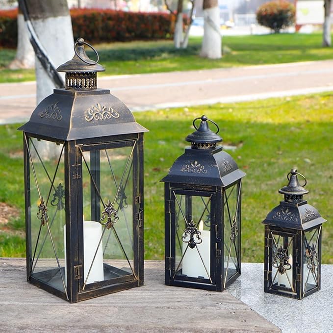 TRIROCKS Set of 3 Decorative Hanging Lantern 19'' High Vintage Metal Candle Holder with Tempered Glass Perfect for Living Room Garden Yard Patio Parties Events Indoors Outdoors (Black)