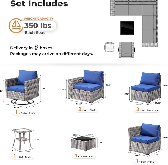 ovios 8 Pieces Patio Furniture Set, Outdoor Wicker Sectional Sofa with Swivel Chair Coffee Table, Modern Modular Deep Seat Rattan Couch Conversation Sets, Navy Blue