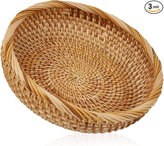 Natural Rattan Round Fruit Basket Bowls, Hand Woven Decor Serving Baskets, Wicker Storage for Dinning Room (Round-Small)
