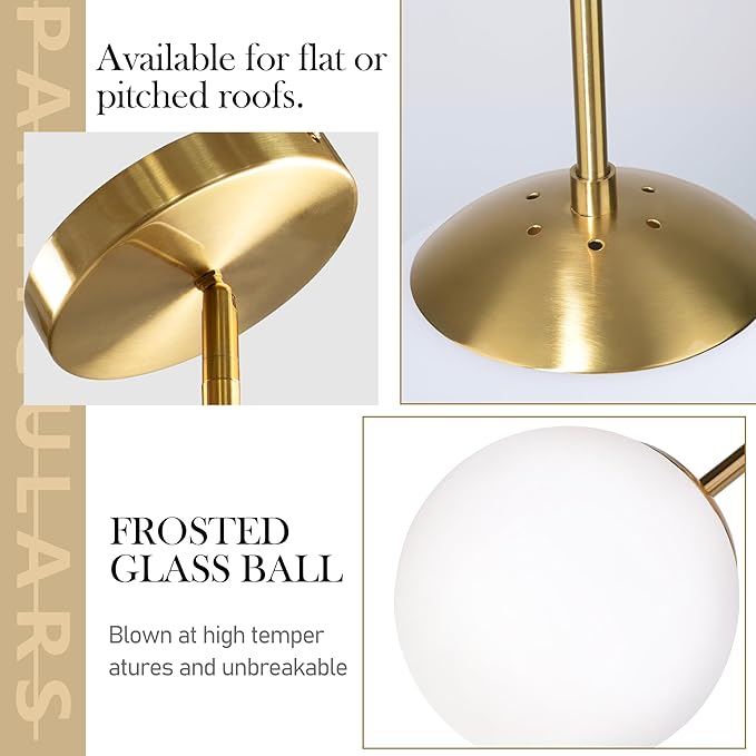 13.7" Globe Pendant Light 3-light Gold Mid Century Modern Light Fixture Milk Glass Pendant Light Globe Pendant Lights Kitchen Island Brushed Brass Finished with Milk Glass Lampshade for bedroom