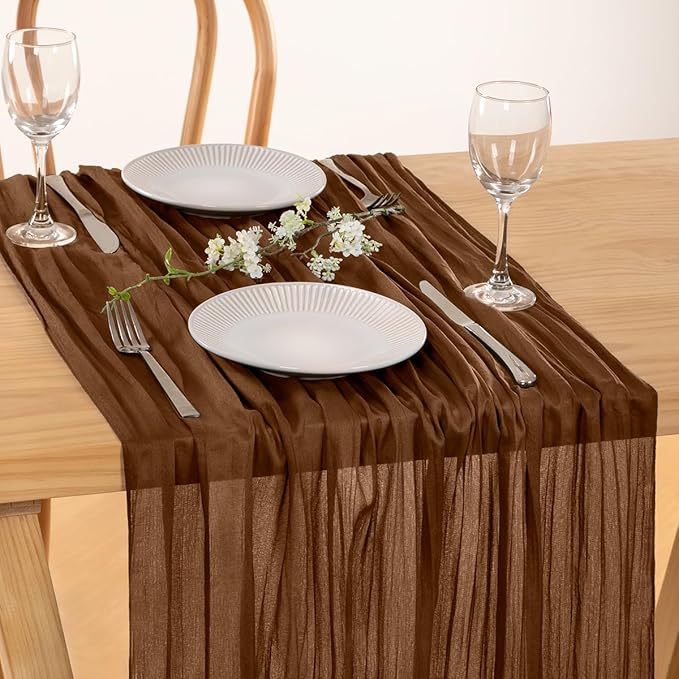 MLMC Brown Cheesecloth Table Runner 10ft Boho Rustic Gauze Coffee Cheese Cloth Table Runner Neutral Fall Centerpiece Decor 35x120 Inches for Wedding Farmhouse Reception Home Decor