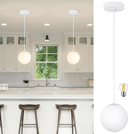 KoKo&Yukina 6 Inch Globe Pendant Light White Globe Pendant Lights Kitchen Island Mid Century Light Fixture with Milky White Glass Shade for Dining Room Living Room