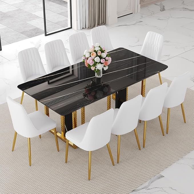 TesNus 79" Black Dining Table Set for 10 with Chairs,Large Faux Marble Kitchen Table and Chairs Set Rectangular 11 Piece Dining Room Set with Gold Metal Legs,Modern Design,Easy Assemble,Stable Base
