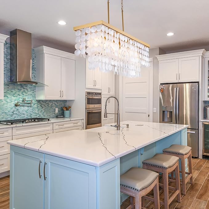 TOCHIC Rectangular Capiz Shell Chandelier, Coastal Beach Lighting 6 Lights, Modern Gold Chandelier Shell Pendant Light for Kitchen Island, Dining Rooms, 2 Tier, 39.3in L