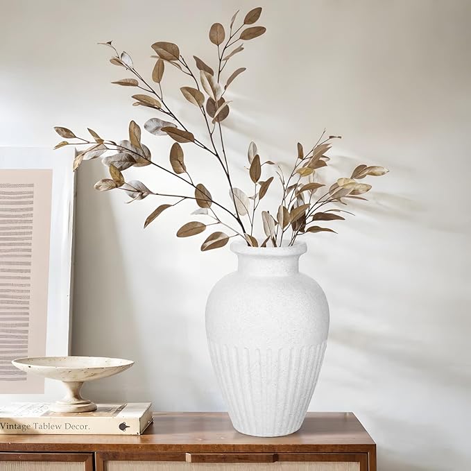 Rustic Ceramic Vase 11 Inch Farmhouse Pottery Clay Vase Distressed Flower Vases for Boho Home Decor Living Room Enterway Shelf Decor Pampas Grass - White