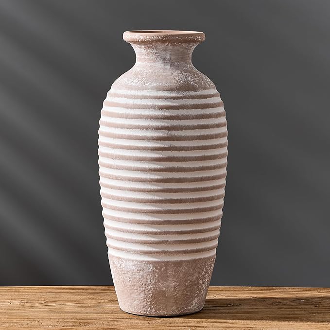 Ceramic Rustic Vase, 14.4 Inch Large Vintage Flower | Threaded Decorative Farmhouse Tall Vase for Home Decor, Living Room, Shelf Decor, Wedding Housewarming Gift, Khaki