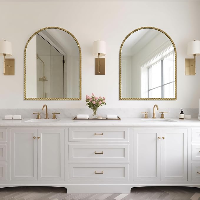 WallBeyond Gold Vintage Mirror for Vanity 28x36 Inch, Gold Antique Mirror with Ornate Beaded Frame for Bathroom, Living Room, Fireplace, Entryway