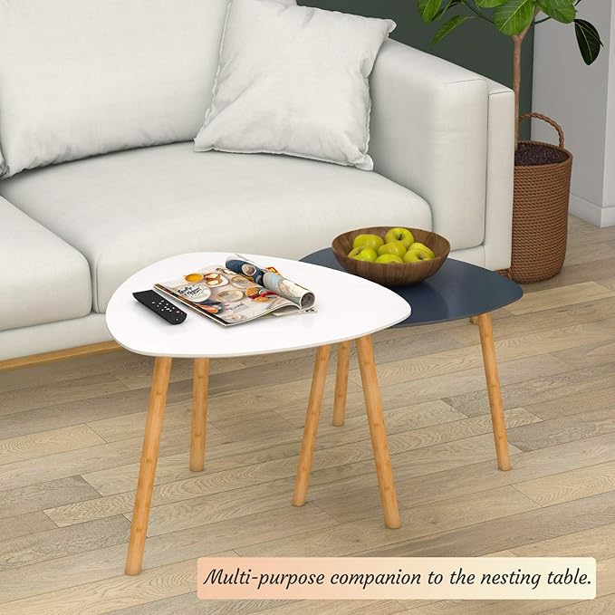 Bambloom Bamboo Nesting Coffee Tables - Small Coffee Table for Living Room, Set of 2 Triangle End Table Modern Side Table for Bedroom Apartment Balcony Yard Small Spaces, (White & Gray)