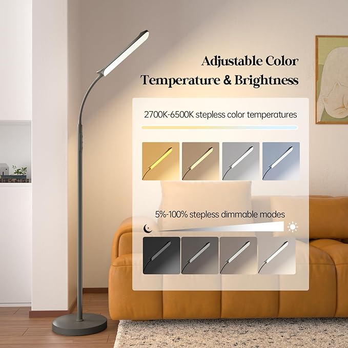 LED Floor Lamp, 18W Super Bright Floor Lamp for Living Room, Adjustable Stepless Colors & Brightness Gooseneck Standing Lamp, Eye Caring Reading Light with Remote& Touch Control for Bedroom Office