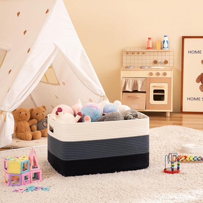 OIAHOMY Large Blanket Basket, 22”x17”x12” Rectangle Woven Baskets, Nursery Blanket Storage Living Room, Toy Storage With Handle, Large Baskets for Organizing-Gradient Blue