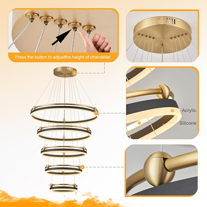 5-Rings Modern LED Chandelier Black Gold Dimmable Large High Ceiling Chandeliers Foyer, Remote Pendant Lighting for Foyer Entryway Dining Room Living Room Staircase(10-Ring Lighting, D29.5)