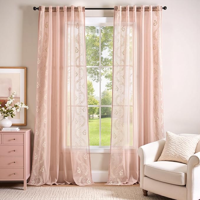 jinchan Belrose Pink Floral Sheer Curtains for Living Room 96 Inch Long Voile Embroidered Farmhouse Curtains for Bedroom Ivory Flower Patterned Rod Pocket Window Treatments, 2 Panels Pink