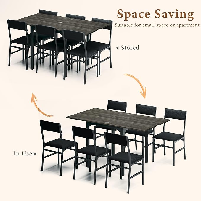 7-Piece Dining Table Set for 4-6, Extendable Kitchen Table Cushion Chairs Set of 6 with 6 Chairs, Rectangle Dining Table with Metal Frame & MDF Board, Folding for Small Apartment Saving Space,Grey Oak
