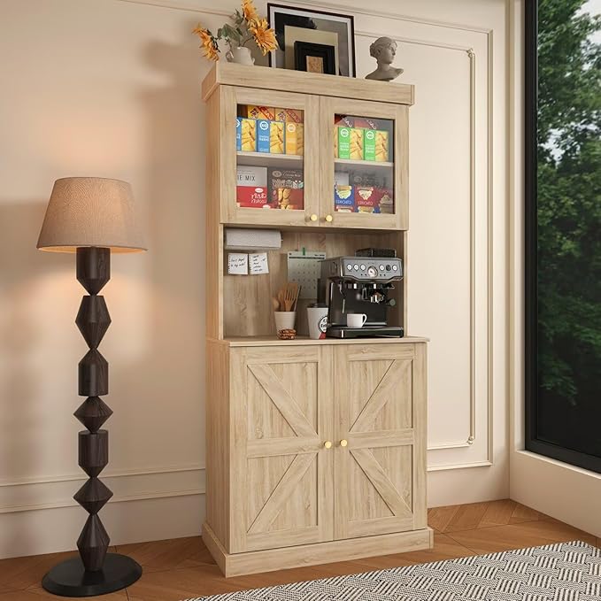 71" Farmhouse Kitchen Pantry Cabinet, Brown Freestanding Coffee Bar with Glass Doors, Microwave Stand, Large Storage Hutch with Adjustable Shelves for Kitchen or Living Room