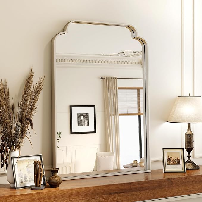 20" x 30" Silver Arch Bathroom Mirror, Wall Mounted Vanity Mirror with Metal Frame, Modern Decorative Scalloped Wall Mirror for Sink, Bedroom, Living Room, Entry, Farmhouse Home