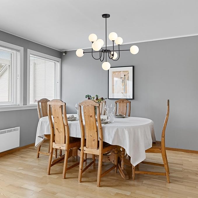 Black Chandeliers 9 Lights Modern Globe Pendant Light Hanging Ceiling Light,Mid Century Bubble Chandelier White Glass Globe Pendant Lighting for Kitchen Island,Dining Room,Bedroom,Living Room.