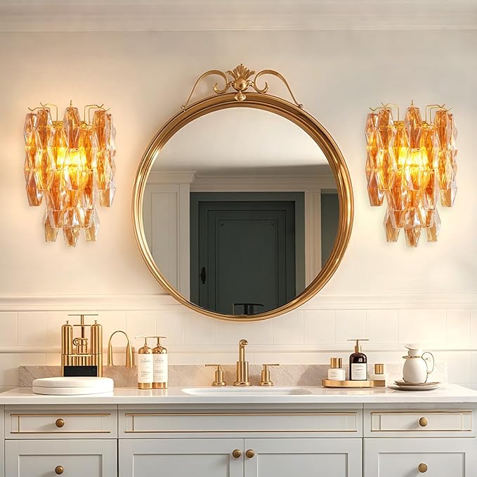 Brass Wall Sconce, 2-Light Amber Glass Sconce Wall Lighting, Gold Wall Light Vanity Light for Bathroom, Wall Lamp for Living Room, Bedroom,Vanity, Stairs, Hallway, Farmhouse
