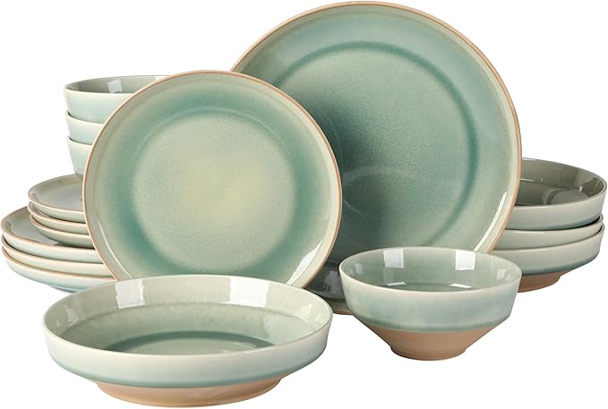 Gibson Elite Hailstone 16 Piece Stoneware Reactive Glaze (Service for 4) Ceramic Plates and Bowls Dinnerware Set - Tropical Green