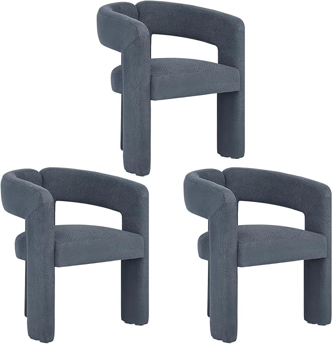 Modern Barrel Dining Chairs Set of 3, Upholstered Linen Dining Room Chair with Wooden Legs, Accent Chairs for Kitchen/Dining Room/Living Room, Blue