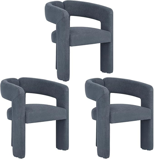 Modern Barrel Dining Chairs Set of 3, Upholstered Linen Dining Room Chair with Wooden Legs, Accent Chairs for Kitchen/Dining Room/Living Room, Blue