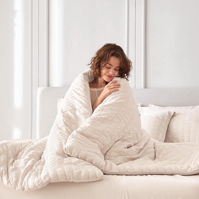 MUXHOMO 7 Pieces Full Comforter Set, Seersucker Bed in a Bag Full Size, All Season Luxury Bedding Set with Comforter, Flat Sheet, Fitted Sheet, Pillowcases & Shams, Beige